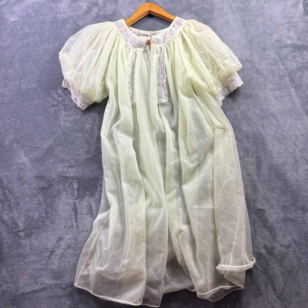 Vtg 60s Montgomery Ward Uranium Green Peignoir Nightgown Puff Sleeve Babydoll